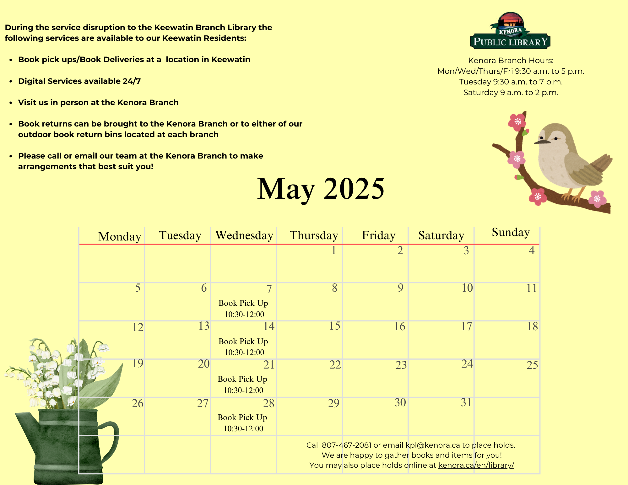 May Keewatin Book Pickup Calendar